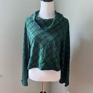 Zara Black Green Plaid Long Sleeve Blouse Cowl Neck Medium